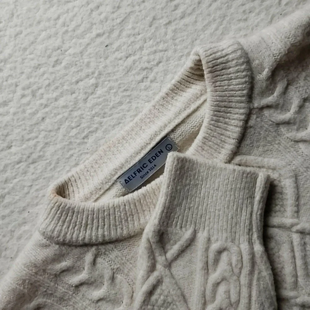 Aelfric Eden Sweater Mens Large White Cable Knit Crewneck Pullover Casual Winter